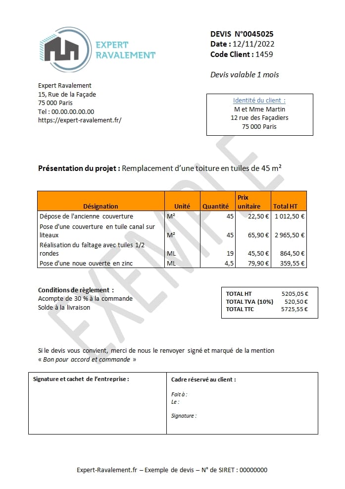 Exemple de devis pour toiture