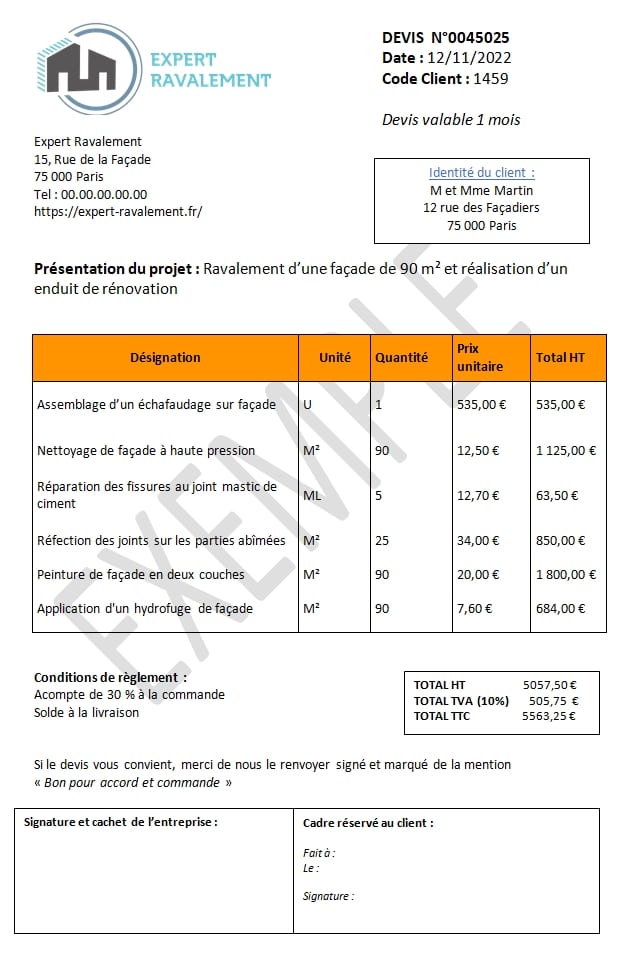 Exemple de devis pour le ravalement d'une façade